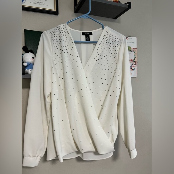 Alfani White Long Sleeve Wrap Blouse with Rhinestone Embellishments – Size M - Picture 1 of 4